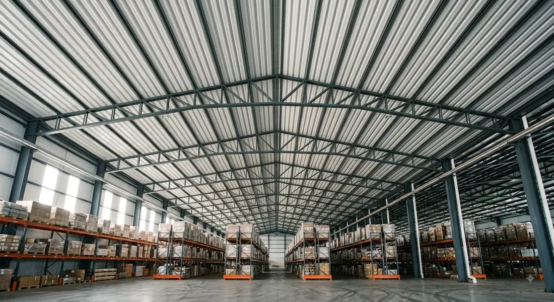 Interior de depósito industrial con cubierta metálica y estructura de cerchas