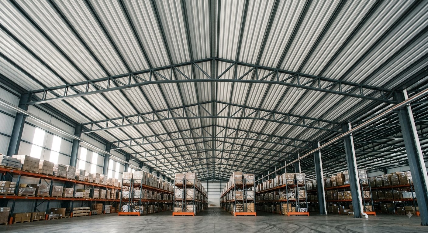 Interior de depósito industrial con cubierta metálica y estructura de cerchas