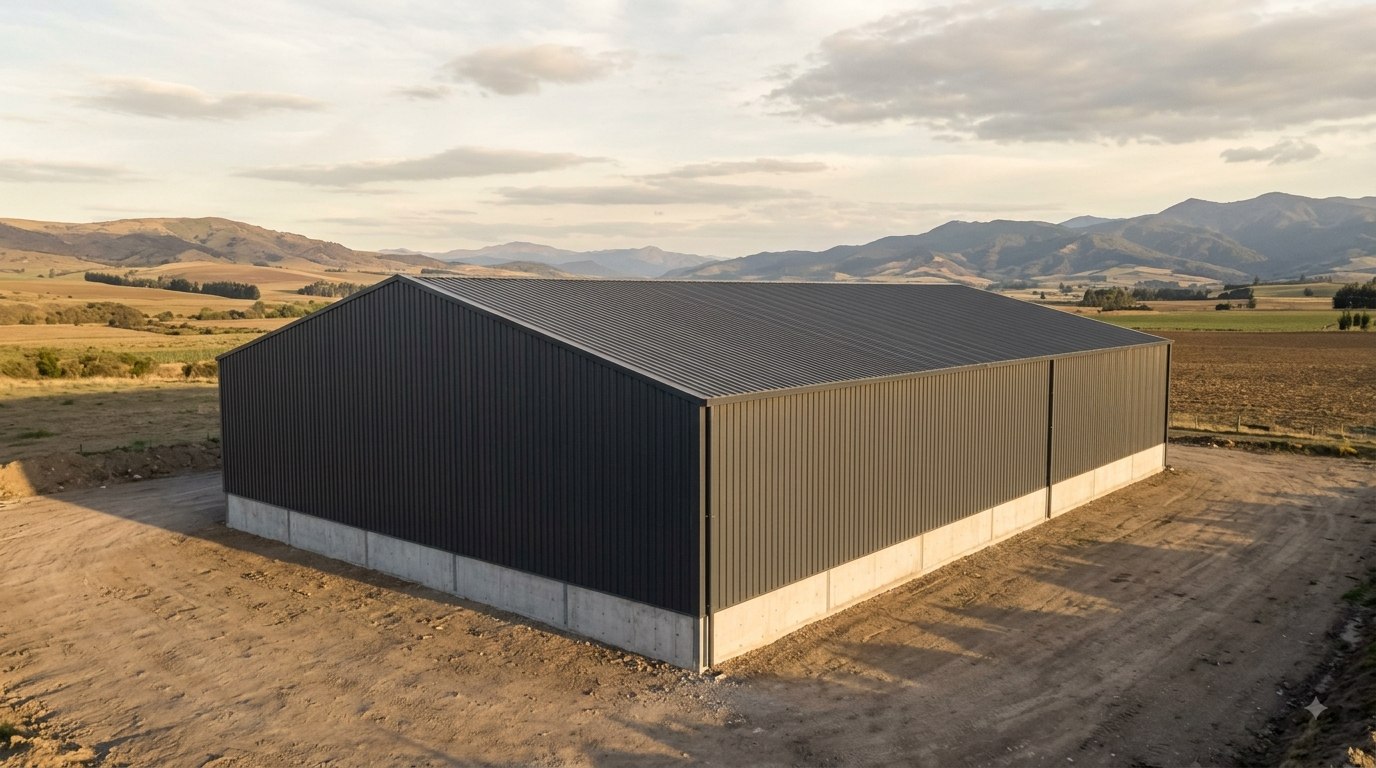 Galpón industrial con cubierta y cerramiento metálico en entorno rural